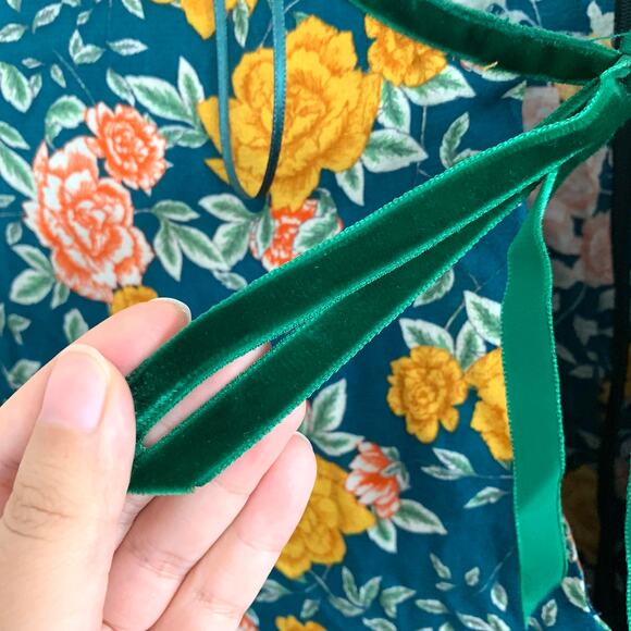 Zara Floral Long Sleeve Romper in Green with Velvet Tie - Picture 5 of 15